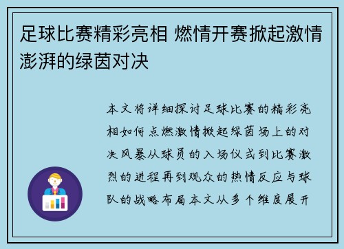 足球比赛精彩亮相 燃情开赛掀起激情澎湃的绿茵对决