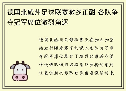 德国北威州足球联赛激战正酣 各队争夺冠军席位激烈角逐