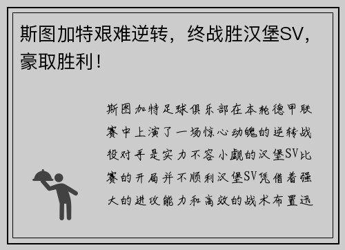 斯图加特艰难逆转，终战胜汉堡SV，豪取胜利！