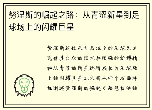 努涅斯的崛起之路：从青涩新星到足球场上的闪耀巨星