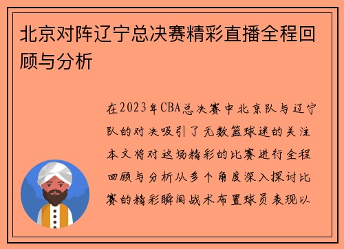 北京对阵辽宁总决赛精彩直播全程回顾与分析