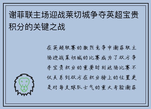 谢菲联主场迎战莱切城争夺英超宝贵积分的关键之战